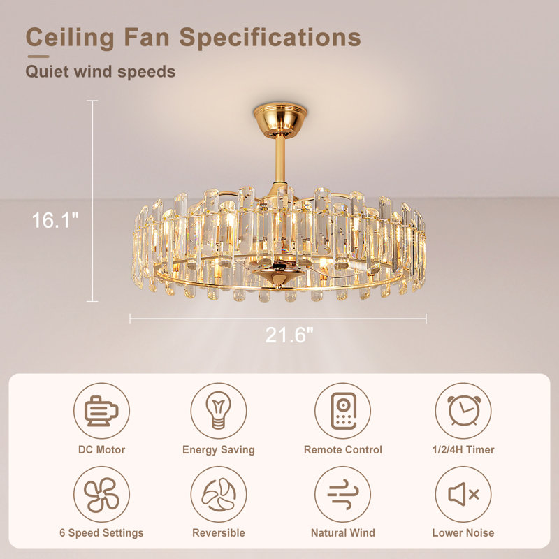 Ventilateur de plafond à cage dorée avec lumière et télécommande, 26"