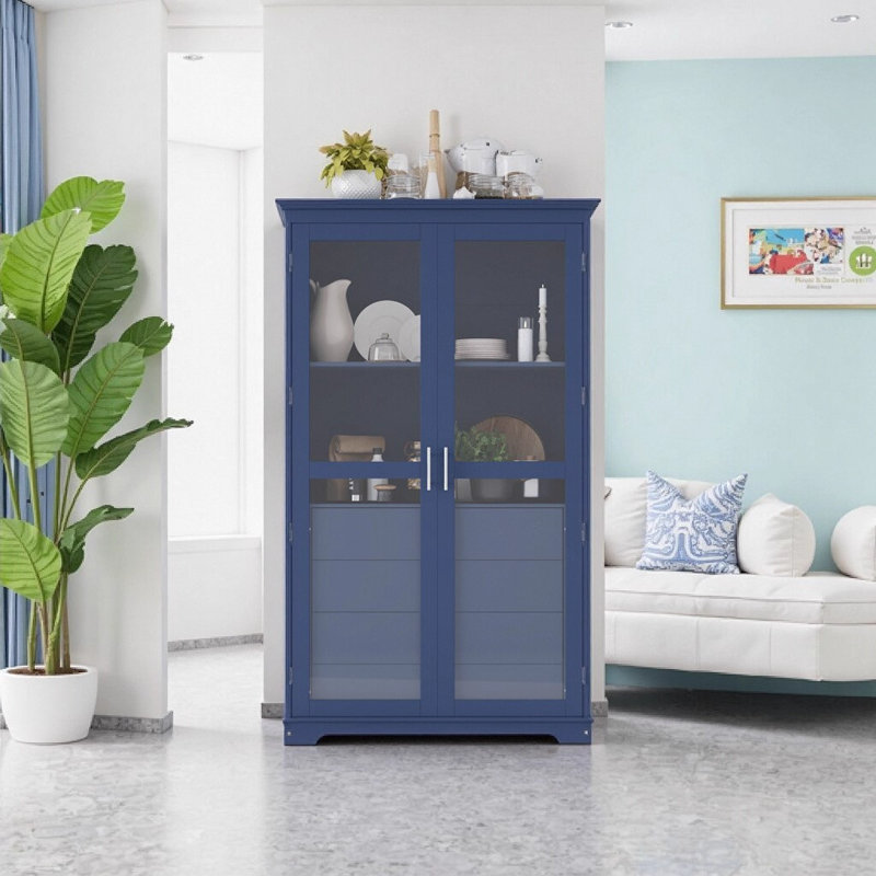 Armoire de cuisine, armoire de rangement avec portes en verre et 4 tiroirs intégrés, Bleu