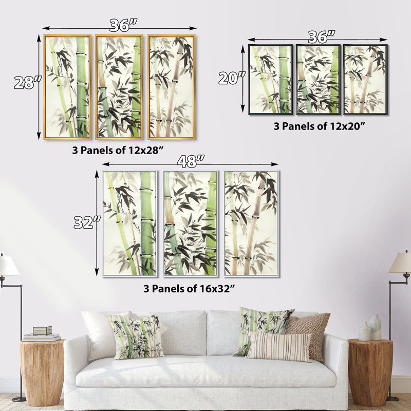 Bamboo Branches in The Forest II - 3 pièces, cadre flottant, impression sur toile, Cadre noir, H 28 po x l 36 po