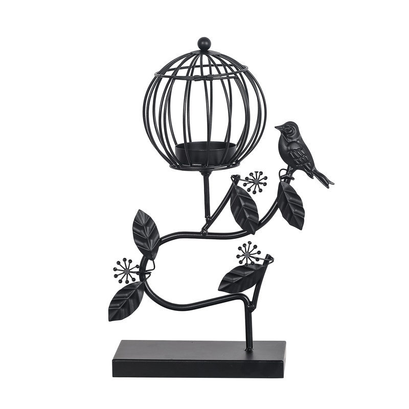 11.61" Bird Cage Iron Table Candle Lantern, Black