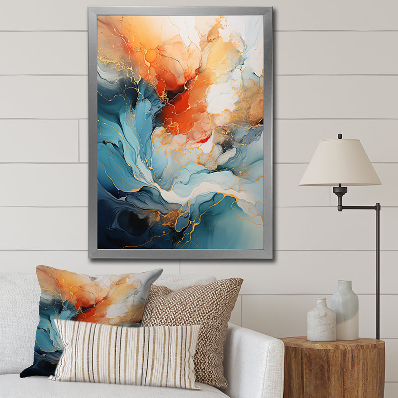 Teal Orange Bold Abstract Flow Collage II - Dams, impressions encadrées, Cadre photo unique, H 20 po x l 12 po, Argent argent