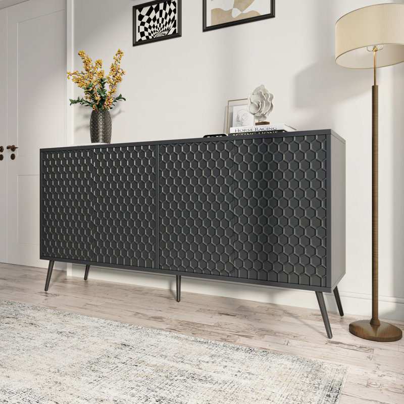 Buffet Mid-Century moderne 63 po - 5 pieds de support et 4 tablettes réglables - Armoire de rangement pour l'entrée ou le salon - Noir