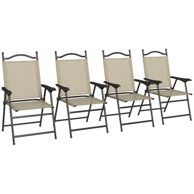 Chaises de patio pliantes Outsunny, ensemble de 4 chaises de sport pour adultes, chaises de camping avec accoudoirs, siège en tissu maillé respirant pour la pelouse, beige