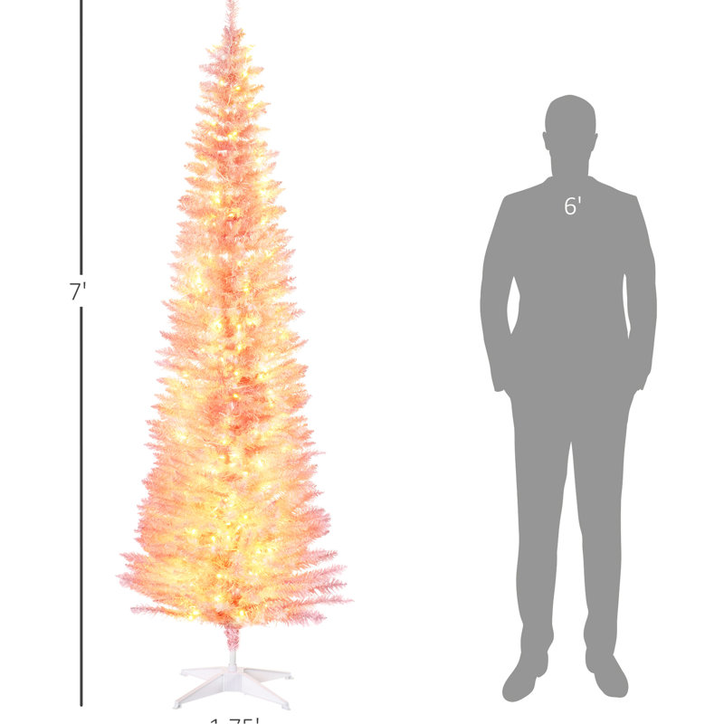 Grand sapin de Noël rose de 7 pi avec branches ignifuges, 200 lumières DEL blanc chaud et base à basse consommation artificielle à installation rapide, 499 pointes