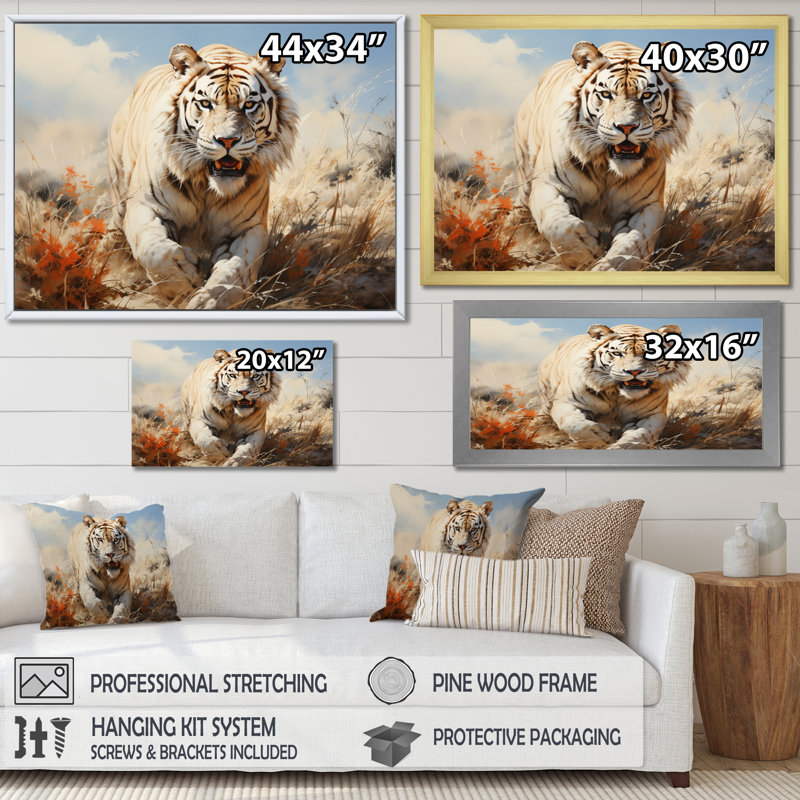 «White Tiger On Rolling Grassland I», reproduction d'art sur toile, H 16 po x l 32 po x P 1 po, Cadre doré à une seule photo