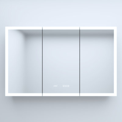 48 In. W X 30 H Silver Aluminum Medicine Cabinet With Mirror Led, Clock, Adjustable Shelves, Rust - Proof Design, Three Color Led And Auto Sensing Top Mirror, Tempered Glass Time/Temperature Display,