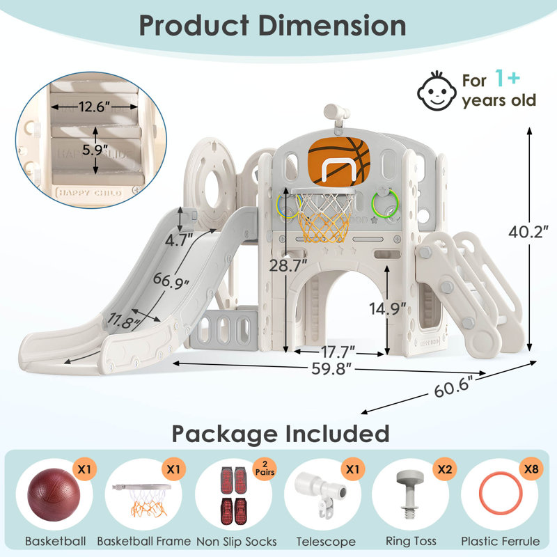 9-in-1 Beige and Gray Toddler Playset with Slide and Basketball Hoop
