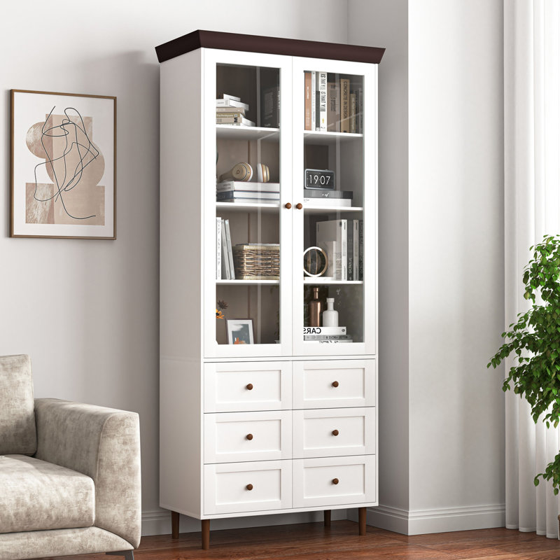 Grand garde-manger de cuisine - rangement autoportant blanc avec tablettes réglables et armoire vitrée