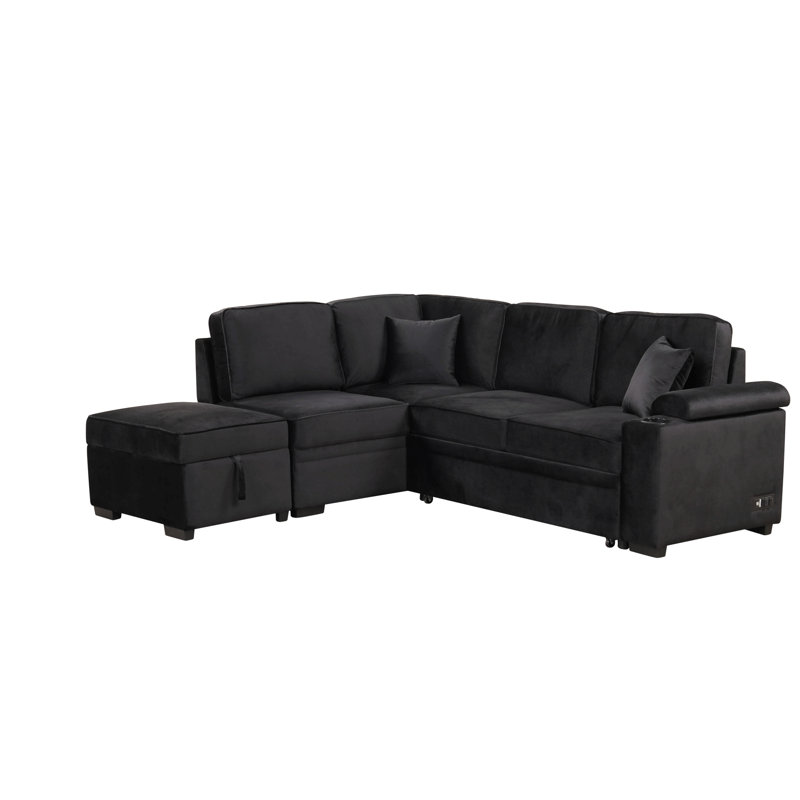 84.75" Sleeper Sofa With Storage Ottoman For Living Room, Left Hand Facing, Black Linen