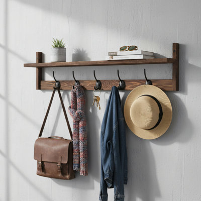 Brown Wooden Wall-Mounted Coat Rack, Adjustable, Easy To Install, Rust-Proof, Sturdy, And Space-Saving.