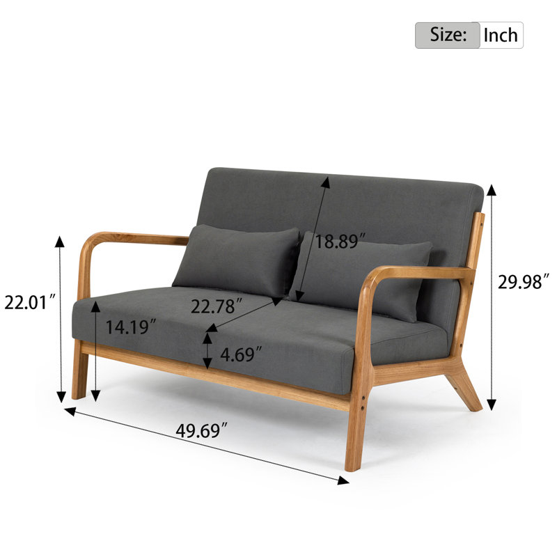 Canapé Mid-Century moderne rembourré avec cadre en bois, Gris foncé