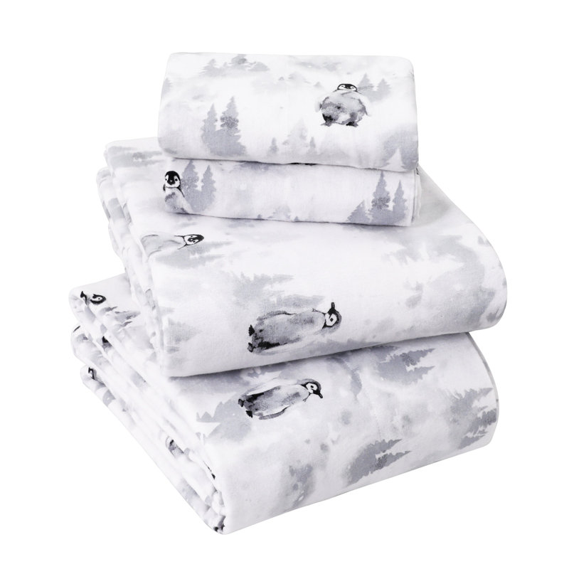 Colyt 100% Cotton Flannel Sheet Set, Queen Sheet Case Pack+Fitted Sheet + 2Pillowcase, Penguin