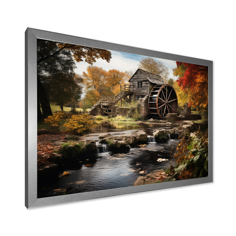 Moulins, moulin automnal encadré sur toile, H 34 po x l 44 po x P 1,5 po, Cadre simple argenté