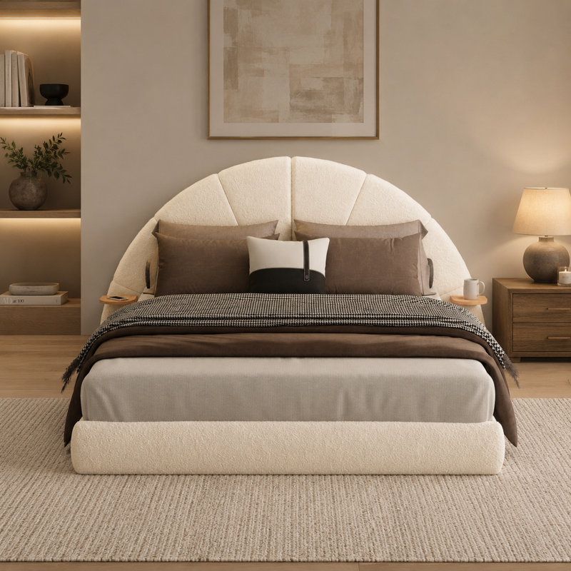 Golren Unique Arched Boucle Bed with Small Table