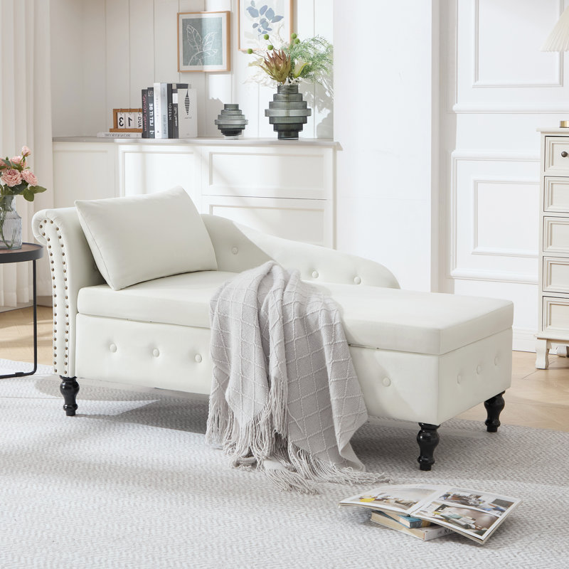 Chaise longue de rangement en velours Eastham, Beige, Orienté à droite