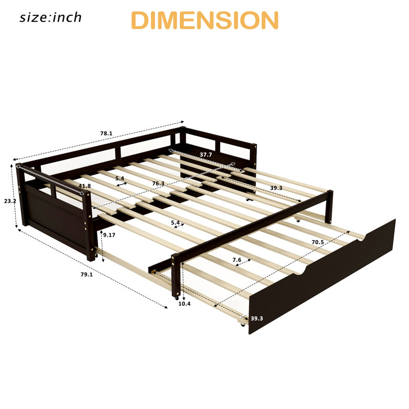 Lit de jour extensible avec couchette, lit de jour en bois avec couchette, Espresso