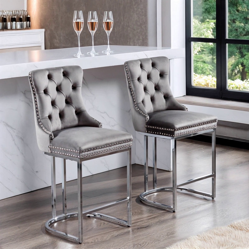 26" Counter Height Bar Stools Set Of 2, Gray Velvet
