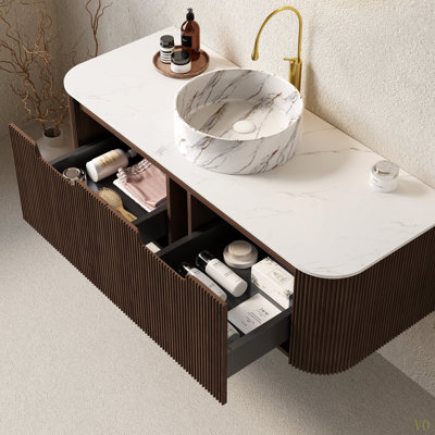 Meuble-lavabo de salle de bain mural à bords courbés à 2 tiroirs avec lavabo rond en céramique avec motif de pierre, pré-assemblé