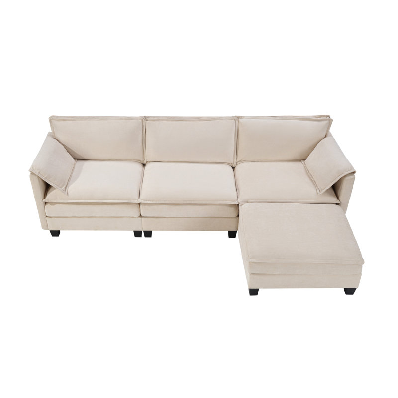 L-Shaped Corduroy Corner Sofa With Storage Armrest Cushions, Beige Corduroy