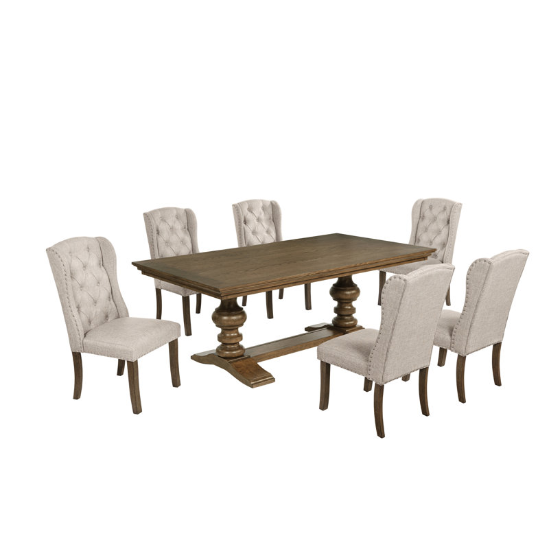 Ensemble de salle à manger de style traditionnel avec chaises capitonnées et garniture cloutée, Beige