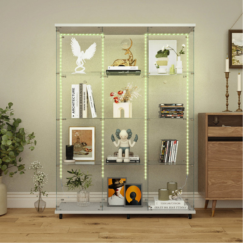 Tempered Glass Display Cabinet, Wine Cabinet,Storage Cabinet,File Cabinet,With Bluetooth LED Light Strip,Lock On The Door,Equipped With Cast,Easy To Move,For Living Room, Bedroom,Hallway,Office,White