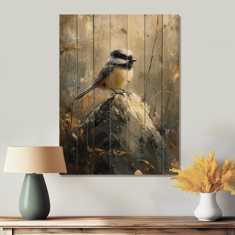 Chickadee oiseau sur une pomme de pin IV - Art mural en bois oiseau - sur bois de pin naturel, H 20 po x l 10 po x P 0,78 po
