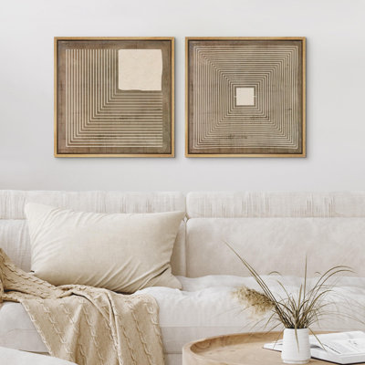 Linear Geometry " Square And Labyrinth Designs In Neutral Tones Illustrations Abstract Rustic Art Minimalist " 2 - Pieces