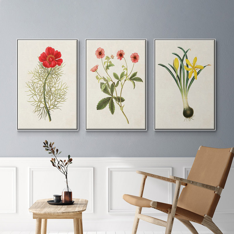 Fleurs des saisons VI, ensemble de 3 toiles encadrées, Cadre blanc, H 27 po x l 54 po