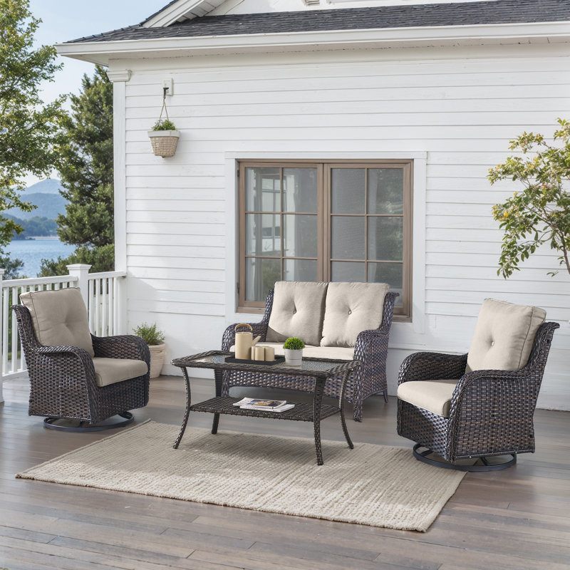 Carolina 4-Person Square Outdoor Conversation Set With Loveseat And Swivel Glide Chair, Brown, Beige