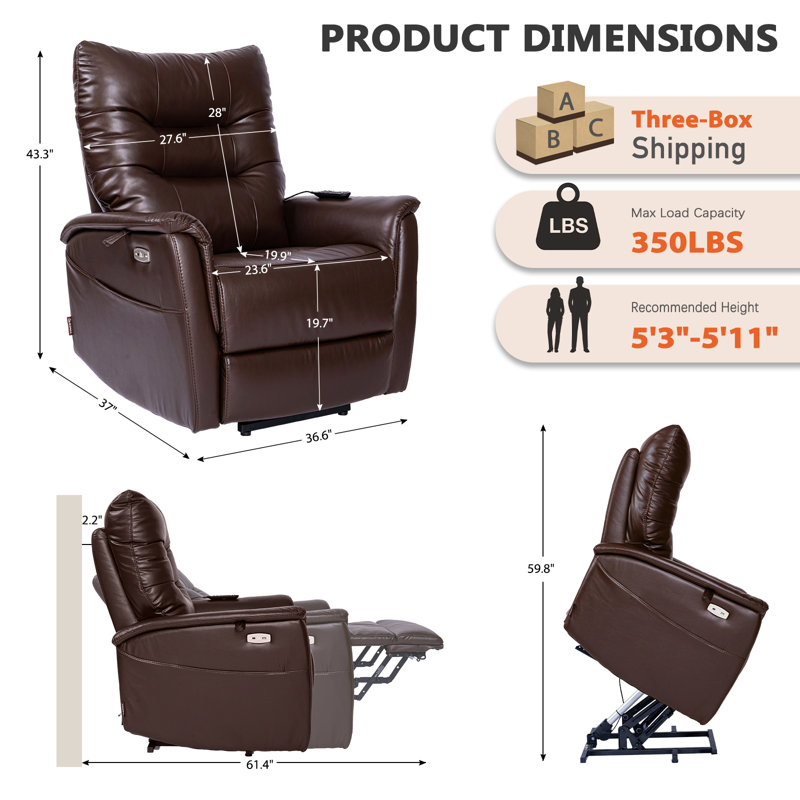  Fauteuil inclinable électrique Zero Wall Lift pour personnes âgées, fauteuil de soutien lombaire électrique avec chaleur et massage, USB-C et cuir respirant (peu encombrant pour les petites maisons), brun