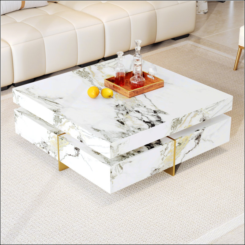 Table basse moderne carrée texturée en marbre avec 4 tiroirs et base suspendue