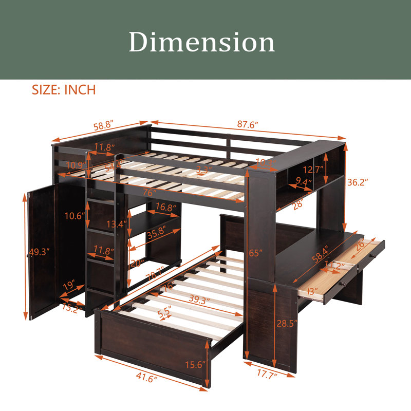 Full size Loft Bed with a twin size Stand-alone bed, Shelves,Desk, Espresso