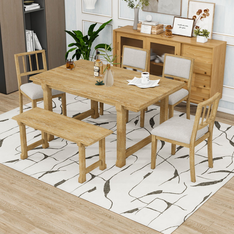 Ensemble de table de salle à manger 6 pièces Farmhouse avec table, banc et chaises rembourrées Dual-Style