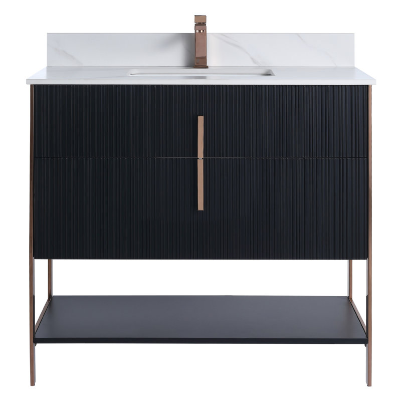 Meuble-lavabo moderne avec plateau en pierre Serenity, Noir mat / or rose, 36", Marbre de Carrare blanc