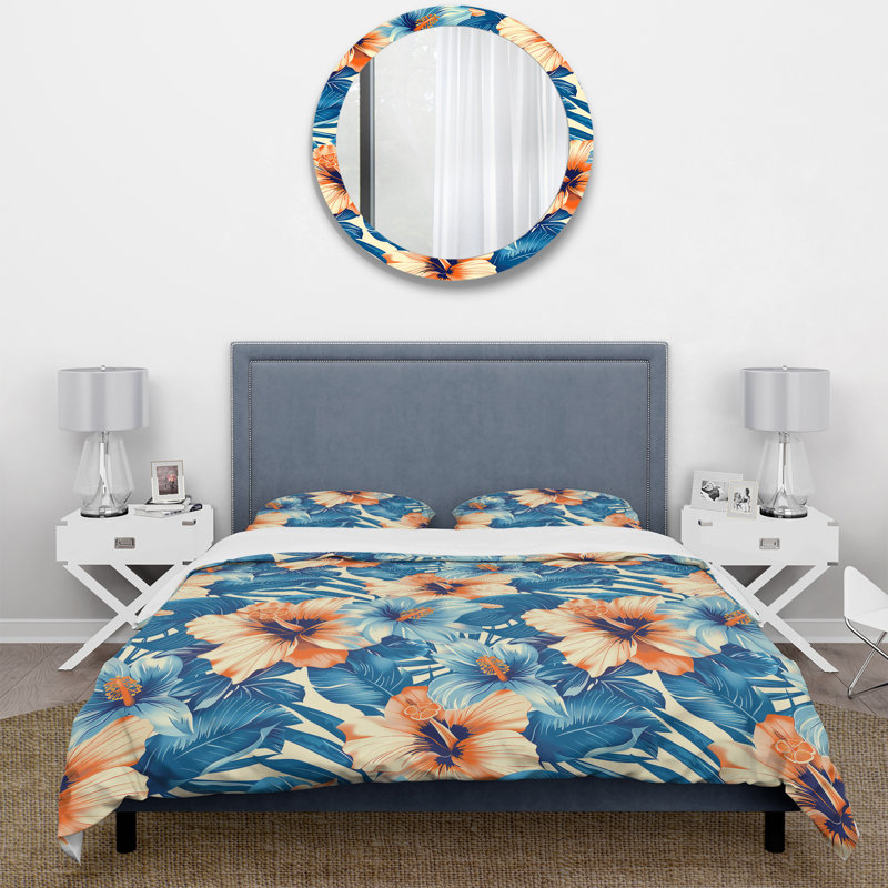 Ensemble de housse de couette Peach Blue Tropical Hibiscus Breeze - Tropical Flowers