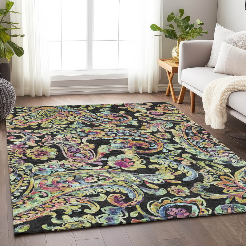 Premium Machine Washable Prisco Black Rug, Rectangle 3' x 5'