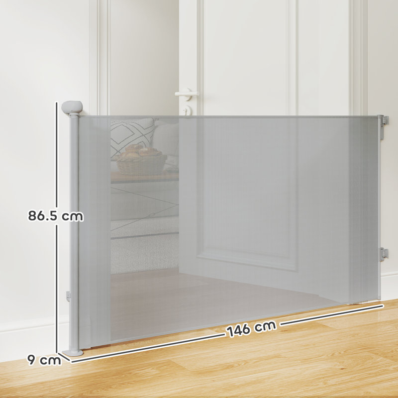 140cm Wide Retractable Dog Gate 86.5cm Tall, Grey Extendable Mesh Pet Safety Barrier with Chew-Resistant Fabric & Removable Reel — Fits Stairs Doorways Hallways, Space-Saving Indoor Pet Gate for Small Dogs