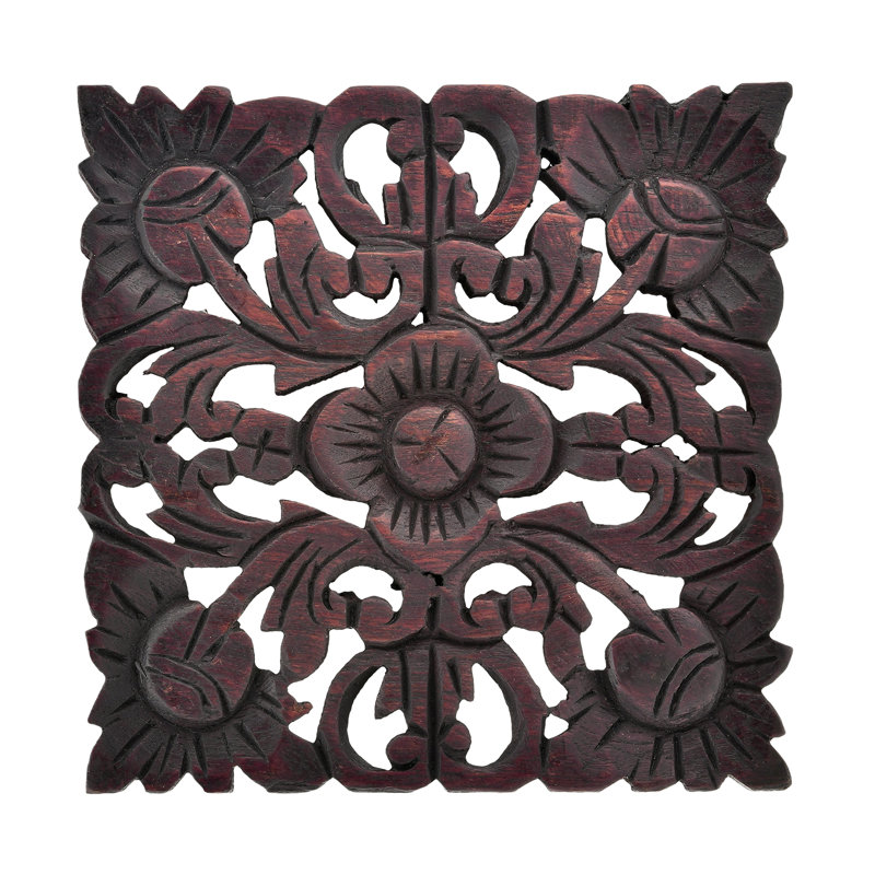 Décoration murale médaillon floral en bois de teck sculpté à la main