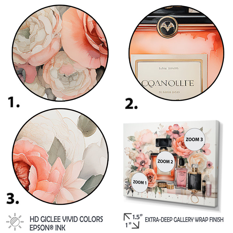«Pink Fragrant Impressions Perfumes», art mural parfums, Cadre d'angle fermé noir, H 30 po x l 40 po x P 1,5 po