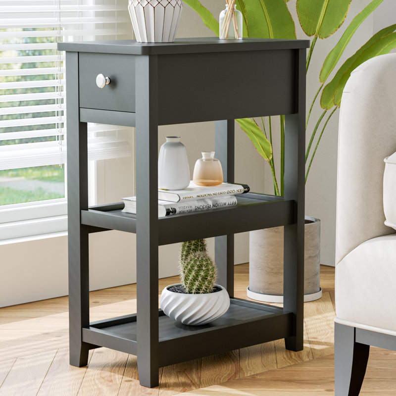 24'' Tall End Table, Narrow Side Table with Drawer and Shelves for Small Space, Black