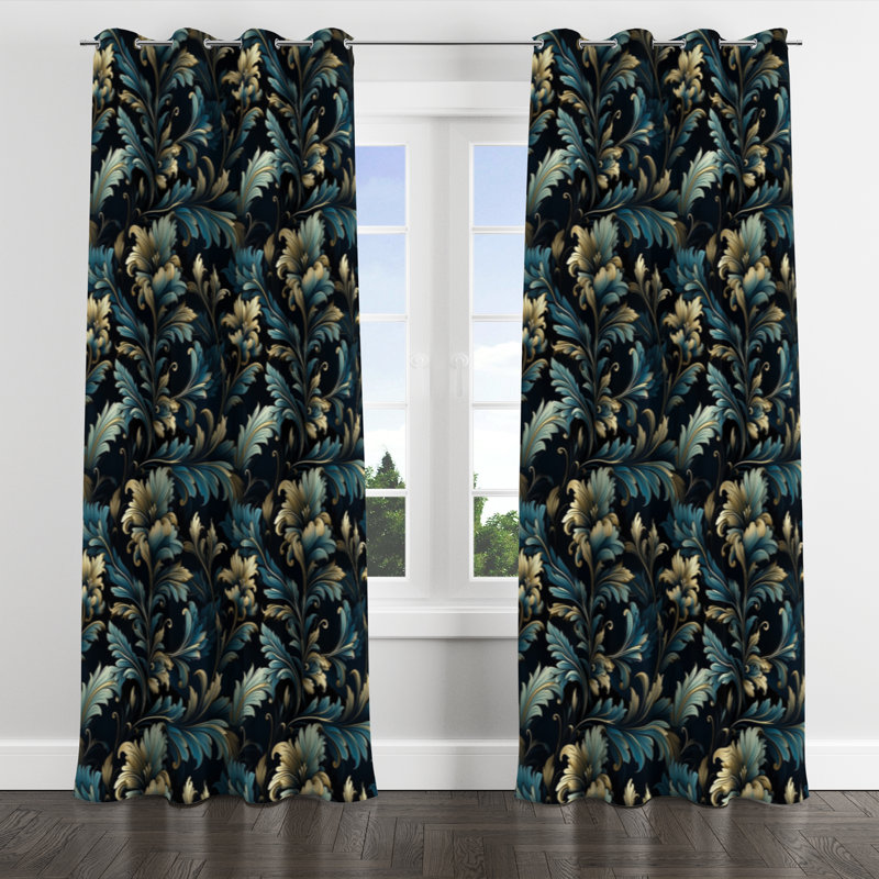 Or et bleu Luxury Damask Serenade III - Rideau occultant avec œillets - 1 panneau, L 52 po x L 84 po, Œillets argentés