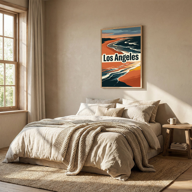Affiche rétro Los Angeles, sable orange et vagues bleues, toile murale, H 48 po x l 32 po