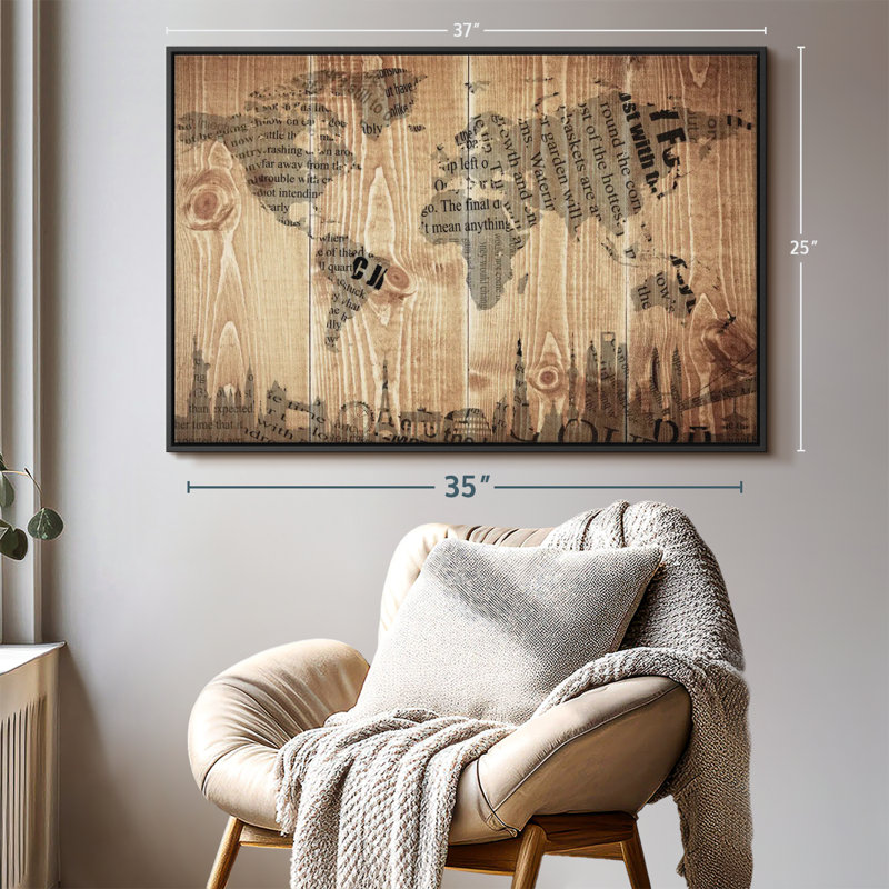 " Newspaper Landmark World Map Canvas Print ", 25" H x 37" W