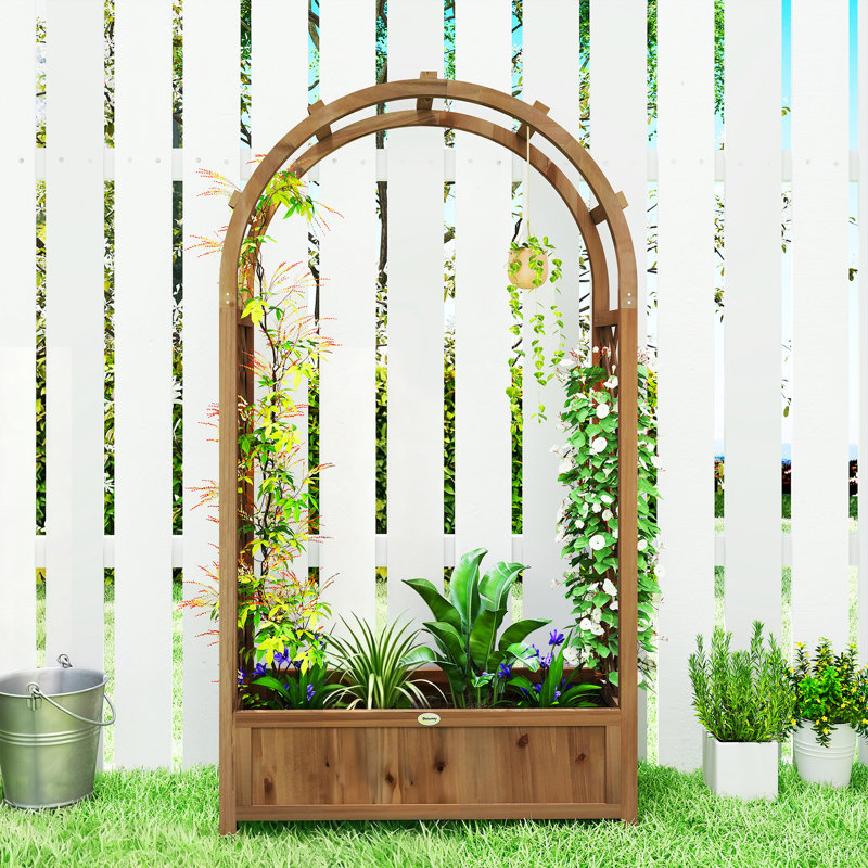Lit de jardin surélevé avec treillis arqué, effet bois brun foncé