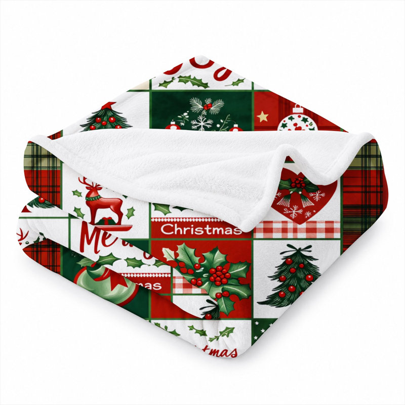 Couverture en patchwork douce en flanelle « Joyeux Noël », ultra douce et moelleuse, idéale pour le canapé, le lit ou toute autre pièce. Couverture d'hiver douillette pour la décoration et les cadeaux de Noël (152 x 203 cm). De plus, un sac fourre-tout en toile avec un chat et un chapeau de Noël vous est offert.
