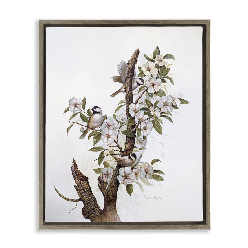 Oiseaux sur une branche d'arbre floral, toile encadrée dorée, design par RUANE MANNING, H 31 po x l 25 po