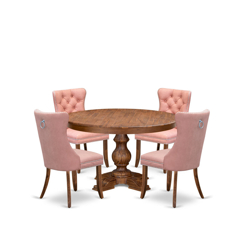 L'ensemble de salle à manger 5 pièces contient une table de cuisine en bois et 4 chaises Parson en tissu de polyester rouge beige avec dossier capitonné, noyer antique