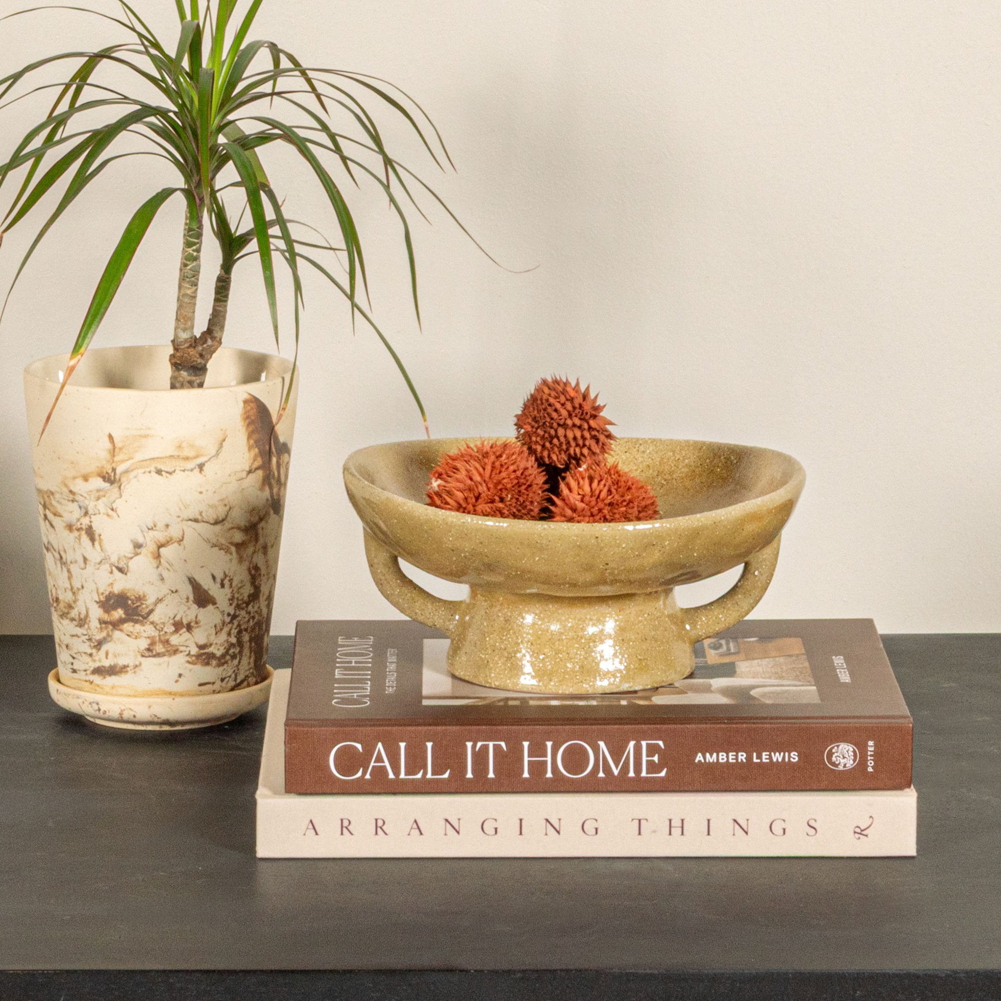 Stoneware Pedestal Bowl with Handles, Taupe, 8" W
