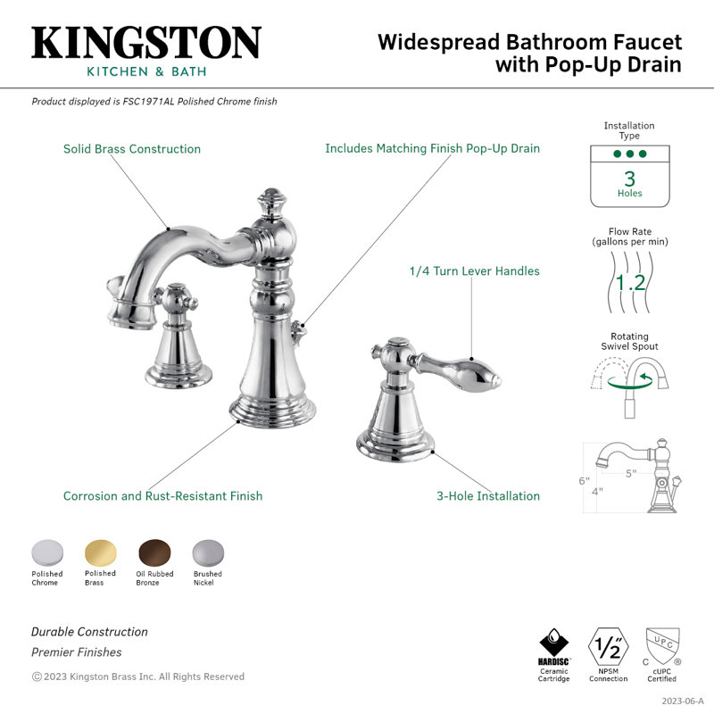 Kingston Brass English Classic Two-Handle 3-Hole Deck Mount Widespread Bathroom Faucet with Pop-Up Drain, Polished Brass