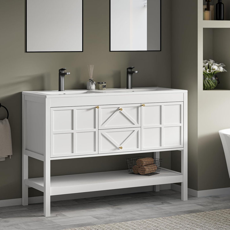 48" Farmhouse Undermount Double Sink Vanity with Soft-Close Doors & Open Storage Shelf, White